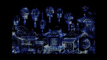 Glowing looping Mid Autumn Festival Lanterns in various shapes neon frame effect, black background. video