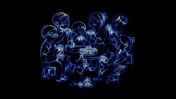 Glowing looping Mid-Autumn Festival Multi-generational families enjoying mooncakes together. neon frame effect, black background. video