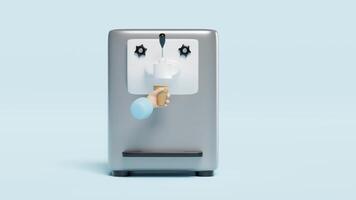 Ice cream cone making machine with hand holding waffle cone isolated on blue background. 3d render illustration video
