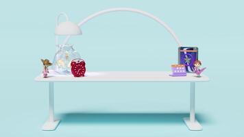 3d desk in office with toy, book, calendar, alarm clock, money bag isolated on blue background. table abstract background. 3d render illustration video