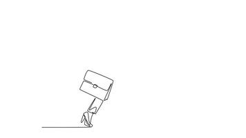 Animated self drawing of continuous line draw side view of female manager walking relax on city street to go to office while holding document. Urban commuter workers. Full length single line animation video