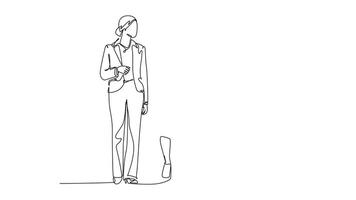 Self drawing animation of single line draw young female managers walking together neatly in row in city street go to office. Urban commuter workers concept. Continuous line draw. Full length animated video