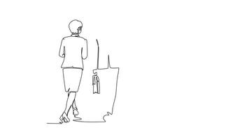 Animated self drawing of continuous line draw back view of male and female startup CEO walking together to workshop room to present proposal. Urban commuter workers. Full length single line animation video