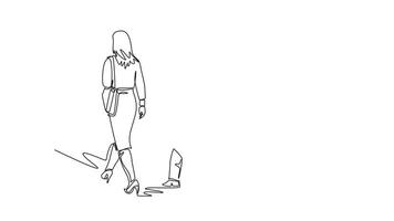 Self drawing animation of single line draw back view of male and female managers talking and walking together on office parking area. Urban commuter workers. Continuous line draw. Full length animated video