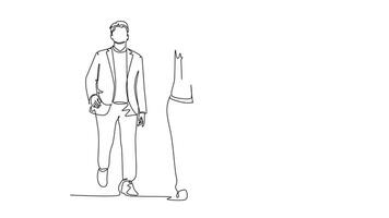 Animated self drawing of continuous line draw of young happy businessmen walking together and discussing new big collaboration project. Urban commuter workers concept. Full length one line animation video