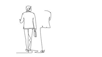 Self drawing animation of single line draw back view of young businessmen discussing work while walking together on city street to office. Urban commuter workers. Continuous line. Full length animated video