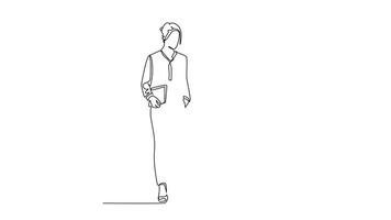Animated self drawing of continuous line draw two young female managers walking in hurry while discussing about financial report at company. Urban commuter workers. Full length single line animation video