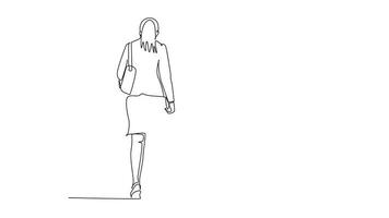 Animated self drawing of continuous line draw back view of young happy business women talking to her colleagues when walking on office stairs. Business conversation. Full length single line animation video