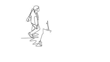 Self drawing animation of single line draw top view of success male employees walking together rushed so as not to be late for work. Urban commuter workers. Continuous line draw. Full length animated video