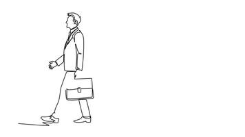Animated self drawing of continuous line draw group of success business people talking to his colleagues when walking approaching office. Business conversation concept. Full length one line animation video