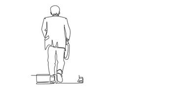 Animated self drawing of continuous line draw back view of success businessmen discussing work while walking together on city street to office. Urban commuter workers. Full length one line animation video