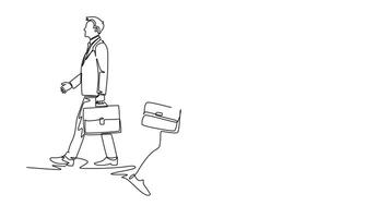 Self drawing animation of single line draw of group urban commuters walking pass over and over again on city street go to the office. Urban commuter workers. Continuous line draw. Full length animated video