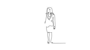 Animated self drawing of continuous line draw two young success female company manager take a walk and talk together after office hour. Business conversation concept. Full length single line animation video
