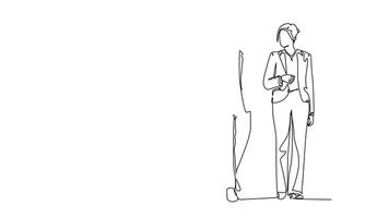 Self drawing animation of single line draw young businessman and businesswoman walking and talking together on office lobby. Urban commuter worker concept. Continuous line draw. Full length animated video