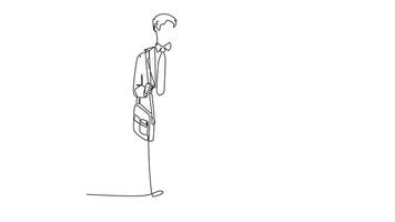 Animated self drawing of continuous line draw of two business colleagues talking and discussing about plan doing project together while walking. Business collaboration. Full length one line animation video