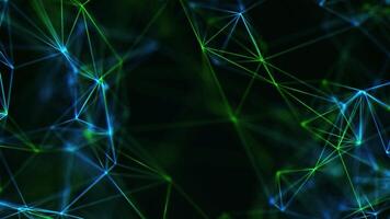 Abstract network connections in green blue color. Multicolored plexus effect black background. Looped neural networks, points connected by lines, move chaotically. Intersection triangles, polygons video