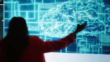 Happy speaker doing presentation at tech conference, explore ways emerging AI technologies can positively enhance companies workforce. Presenter promoting artificial intelligence solutions, camera A video