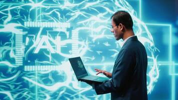 Computer scientist solving tasks on laptop, running artificial intelligence programming scripts. Engineer manipulating lines of code for AI applications development, camera A video