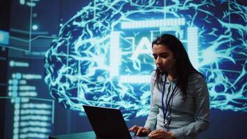 Speaker talking in online webinar, exploring ways AI can positively enhance companies workforce. Presenter promoting artificial intelligence solutions during internet presentation, camera B video