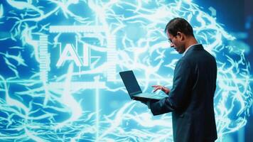 System administrator working on laptop, programming artificial intelligence computing simulating human brain. Man in workspace using notebook, building AI machine learning algorithms, camera A video