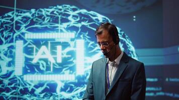 Speaker talking with audience during remote call online AI webinar hosting leading experts and researchers exploring latest insights in artificial intelligence technology, camera B video