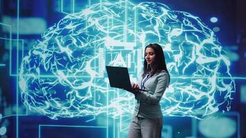 Technician using laptop to maintenance artificial intelligence neural networks made up of interconnected nodes layers. Admin using AI system aiding in processing and transmitting information, camera B video