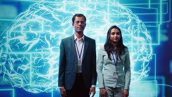 Portrait of smiling team of technicians implementing artificial intelligence parallel processing, breaking up complex computational tasks enabling AI systems to process data faster, camera B video