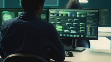 Governmental hackers working together on digital security and cyber defense measures. Engaging in cyber operations, network security and data protection during information war. Camera A. video
