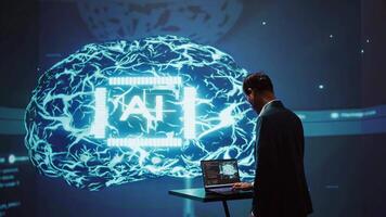 System administrator uses neural networks modeled after human brain to solve complex problems. AI researcher in futuristic workspace using artificial intelligence to look at data, camera B video
