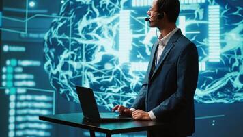 Speaker talking with audience during remote call online AI webinar hosting leading experts and researchers exploring latest insights in artificial intelligence technology, camera A video