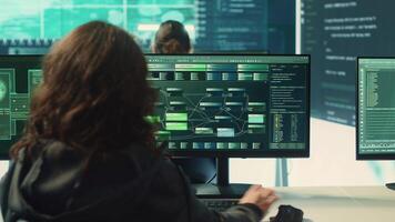 Governmental hackers team working on digital security and cyber defense measures, using pc and big screen. Experts focusing on cyber operations, network security and server protection. Camera A. video