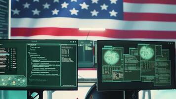Empty cybersecurity operations center featuring an American flag. Highlighting IT, digital security and advanced technology for secure computing and cyber intelligence. Hybrid warfare. Camera A. video