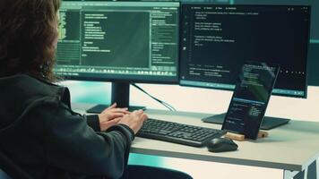 Cyber intelligence team using advanced technology to secure computer networks, governmental espionage system. Emphasizing cyber security and threat detection to combat cyberterrorism. Camera A. video