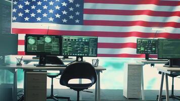 Empty governmental surveillance room shows an American flag, cybersecurity and data protection. High tech operations center focusing on threat and malware detection, security protocols. Camera A. video
