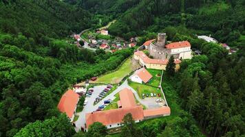 Aerial zoom orbiting view of castle Svojanov in Czechia in June 2024 video