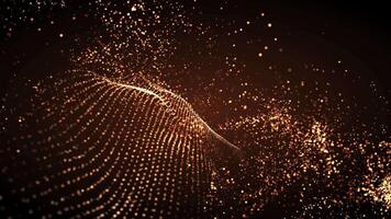Golden digital wave of particles and dots, abstract flying glitter dust particles move with wave energy. Screensaver animation video