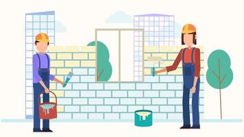 Two construction workers are painting a new structure. video