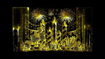 Glowing looping Independence Day Modern fireworks display over a city skyline on July 4th. neon frame effect, black background. video