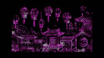 Glowing looping Mid Autumn Festival Lanterns in various shapes neon frame effect, black background. video