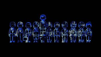 Glowing looping Labor Day Diverse group of workers representing various professions. neon frame effect, black background. video