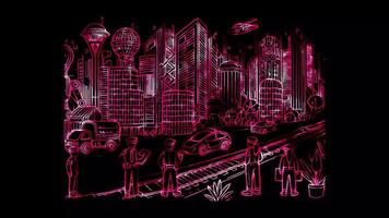 Glowing looping Labor Day Futuristic cityscape symbolizing evolving workforce trends. neon frame effect, black background. video