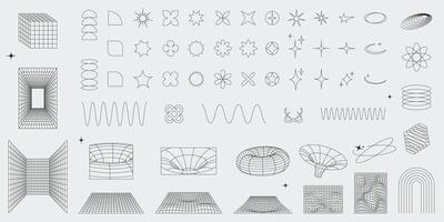 Abstract geometric shapes, wireframes and grids big set. Brutalist style outline figures. Editable stroke outline figures. Y2k aesthetic elements vector
