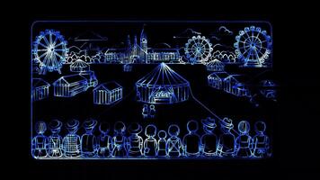 Glowing looping Oktoberfest day Modern Oktoberfest grounds with colorful tents. shapes neon frame effect, black background. video