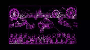 Glowing looping Oktoberfest day Modern Oktoberfest grounds with colorful tents. shapes neon frame effect, black background. video