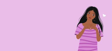 Horizontal banner with beautiful young brunette woman showing sign of heart with her hands. illustration for print, poster, greeting card. isolated art on violet background with empty space. vector