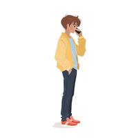 Student in casual clothing standing and using his smartphone. Male character holding a mobile phone in his hands and talking on it. isolated illustration on white background. vector