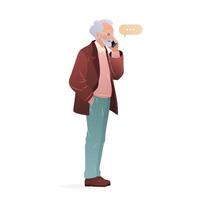 Elderly man in casual clothing standing and using his smartphone. Character holding a mobile phone in his hands and talking on it. isolated illustration on white background. vector