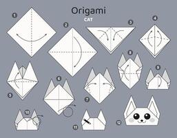 Cat origami scheme tutorial moving model. Origami for kids. Step by step how to make a cute paper pet. illustration. vector