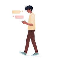 Man in casual clothing walking and using his smartphone. Male character holding a mobile phone in his hands and reading messages. isolated illustration on white background. vector