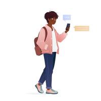 Student in casual clothing standing and using his smartphone. Male character with backpack holding a mobile phone in his hands and reading messages. isolated illustration on white background. vector